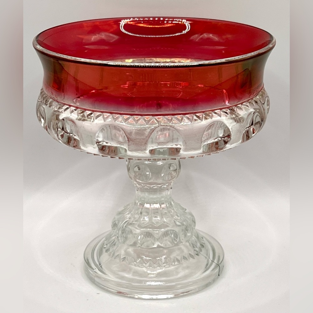Indiana Glass Kings Crown Pedestal Compote Clear Cranberry Glass Candy Dish
